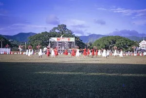 Display of physical education gymnastics by school children, Port of Spain, Trinidad c 1962 independence pageant