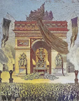 The display of Victor Hugos body under the Arc de Triomphe in Paris