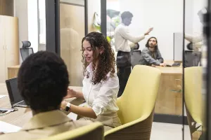 A diverse group of professionals engaged in work within a modern office