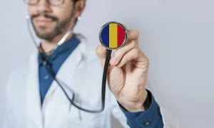 Doctor holding stethoscope with Romania flag