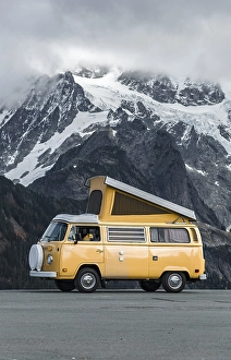 Dog looking out of the window, old VW Bus T2 with folding roof