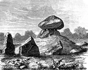Dolmen near Halskov, Sjaelland, erratic blocks. flat landscape, circle, history of prehistoric mankind, Denmark, historical illustration 1880, Europe