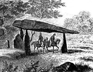 Dolmen of Pentre Ifan Burial Chamber, Neolithic burial site, Pembrokeshire, Wales, horseman, history of prehistoric mankind, United Kingdom, historical illustration 1880, Europe