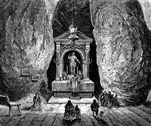 Dolmen of St Michael near Bilbao, province of Biscay, cave, rock chamber, altar, statue, light, people, archaeology, history of mankind, Spain, historical illustration 1880, Europe