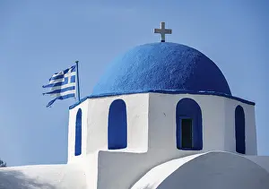 Dome of the white and blue Greek Orthodox Church of St