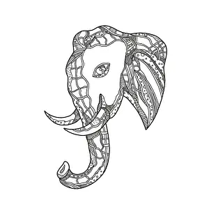 Doodle art illustration of bull african elephant head viewed from side in black and white done in mandala style