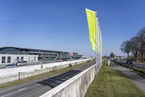 Category Historic EN Prints: Dortmund Airport, flags in front of the terminal building