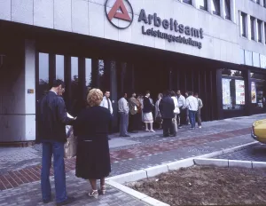 Dortmund. The Dortmund employment office with people waiting in the morning ca
