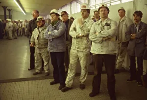 Dortmund. Hoesch steel workers at a works meeting