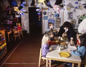 Dortmund. Kindergarten with care for children of age (pre-school) and pupils with chores in 1990