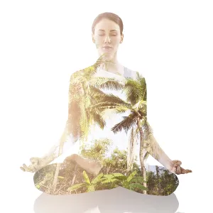 Double exposure of young woman practicing yogaand nature