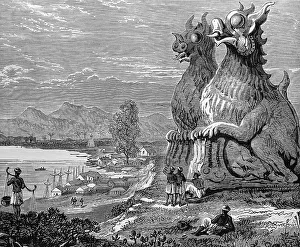 Dragon statues on the Irrawaddy River