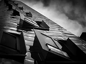 Dramatic perspective on the deconstructivist facade of the Gehry buildings in Dusseldorfer Medienhafen
