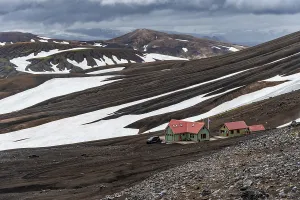Dramatic volcanic landscape with mountains and snow