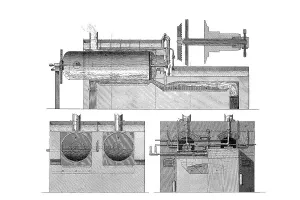 Drawing of a machine or apparatus for the production of paper pulp from straw