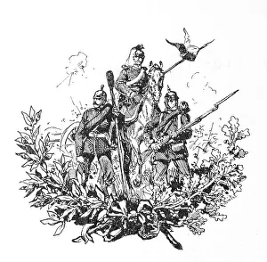 Drawing of three men in military dress with weapons and historical uniforms