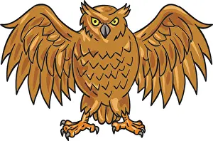 Drawing sketch style illustration of an angry owl facing front with spread wings set on isolated white background