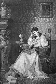 Dreamy woman with book, historical illustration