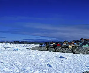 Drift ice and village, Disko Bay