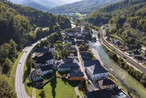 Drone image, river Traun, view of town with parish church