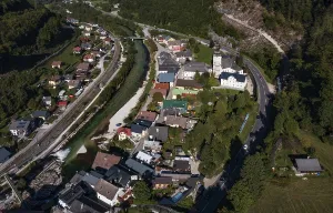 Drone image, river Traun, view of town with parish church