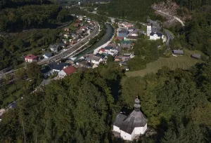 Drone image, river Traun, view of town with parish church