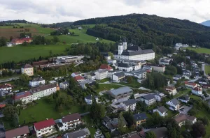 Drone image, view of the village with Cistercian monastery Schlierbach