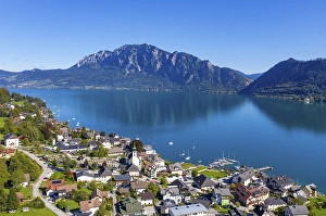 Category Mountain Landscapes Prints: Drone recording, Unterach am Attersee with Hoellengebirge