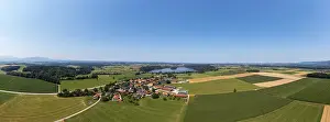 Drone shot, Abtsdorfer See with village Abtsdorf