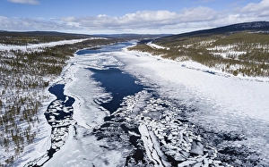 Category Scandinavia Prints: Drone shot, frozen lake with floating ice floes