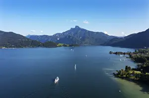 Drone shot, Golfclub am Mondsee with Schafberg and Drachenwand
