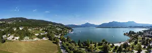 Category Mountain Landscapes Prints: Drone shot, lakeside promenade with Schafberg and Drachenwand