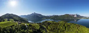 Category Mountain Landscapes Prints: Drone shot, Pichl Auhof at Mondsee with Schafberg