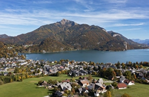 Category Mountain Landscapes Prints: Drone shot, Sankt Gilgen am Wolfgangsee with Schafberg