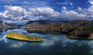 Drone shot, Sassau Island in Walchensee