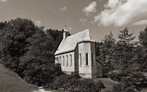 Drone shot, sepia colours, Konrad Church in Oberwang