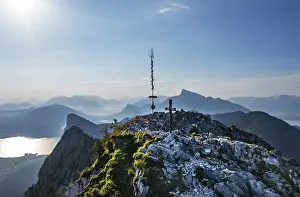 Category Mountain Landscapes Prints: Drone shot, summit cross on the Schober with a view of the Schafberg