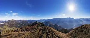 Category Mountain Landscapes Prints: Drone shot, summit cross on the Schwarzer Berg with a view of the Lammertal with Dachstein massif and Tennengebirge