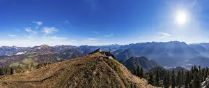 Category Mountain Landscapes Prints: Drone shot, summit cross on the Schwarzer Berg with a view of the Lammertal with Dachstein massif and Tennengebirge