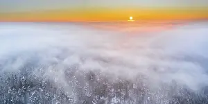 Drone shot, sunrise with fog, winter in Remstal