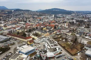 Drone shot, townscape with residential buildings and shopping centres