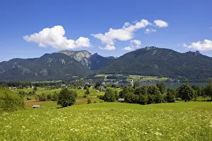 Drone shot, view from Abersee to Sankt Wolfgang with Schafberg