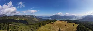 Category Mountain Landscapes Prints: Drone shot, view from Breitenberg to Wolfgangsee and Schafberg