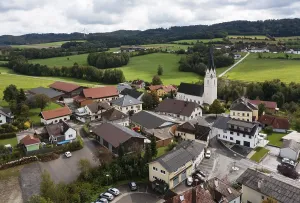 Drone shot, view of village with church