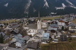 Drone shot, view of village with parish church