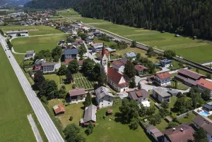 Drone shot, view of village with parish church