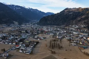 Drone shot, view of village with parish church