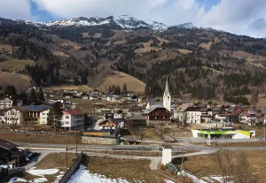 Drone shot, view of village with parish church