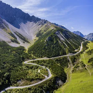 Drone shot, winding mountain road