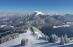 Category Mountain Landscapes Prints: Drone shot, winter landscape with ski tracks in deep snow